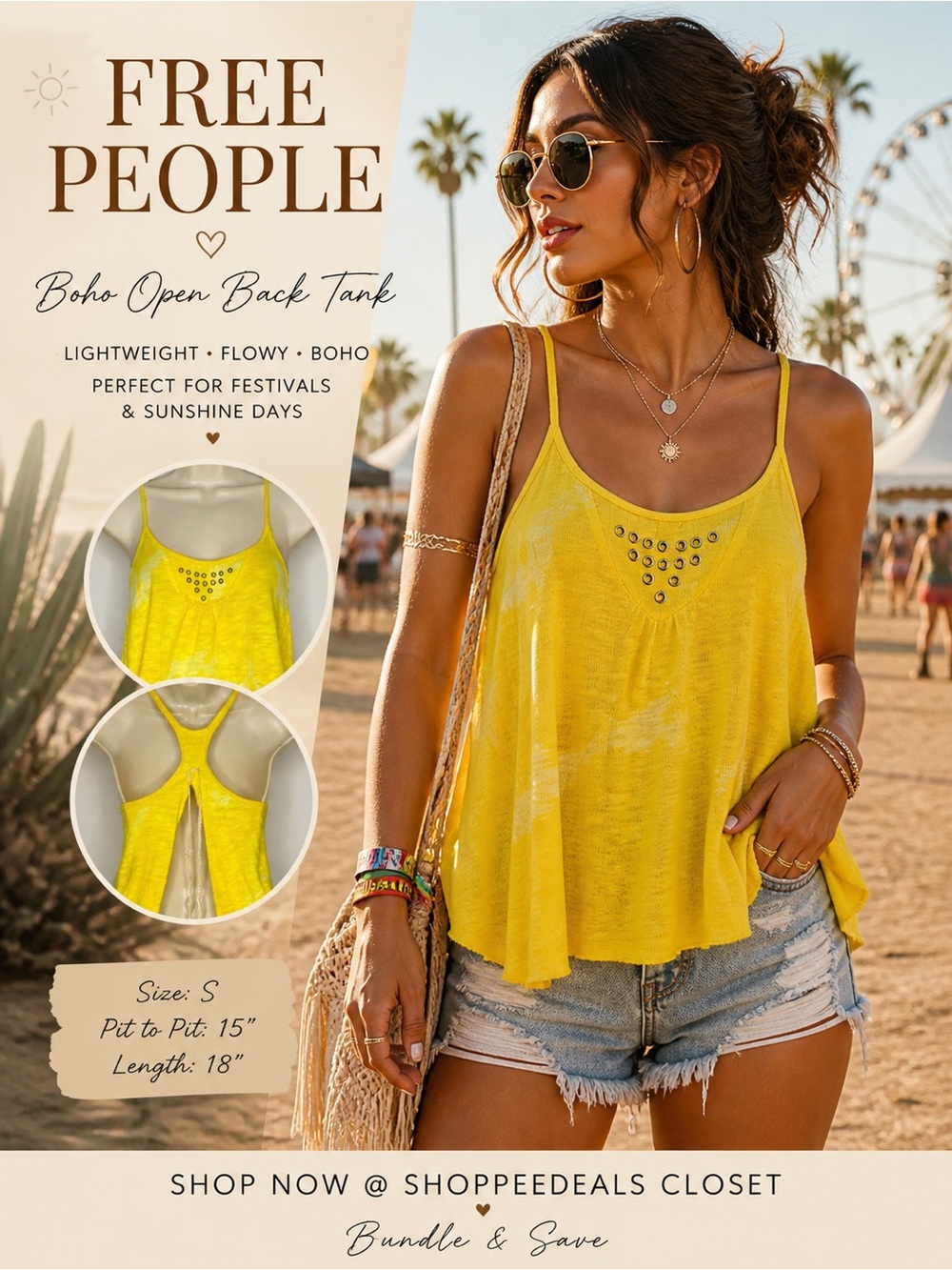 Free People Yellow Open Back Tank Top Boho Festival Summer